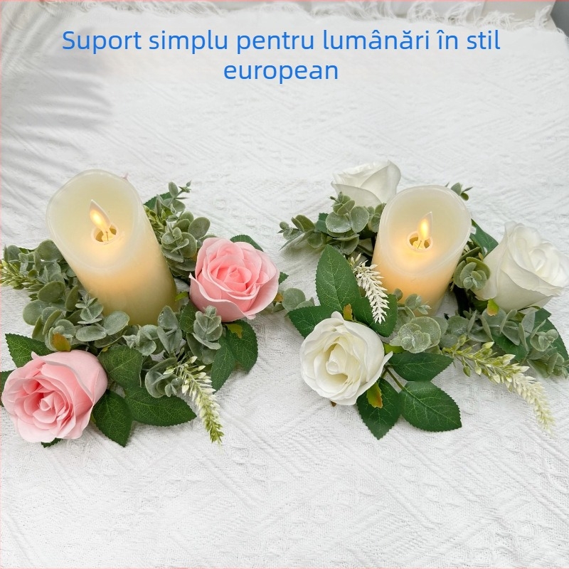 Buchet artificial de trandafiri roz și cunună, 20 cm, centru de masă cu suport pentru lumânare și vază pentru decor de Paște și Crăciun