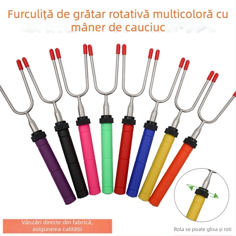 Furculiță de grătar telescopică, rotativă la 360°, din oțel inoxidabil, mâner din plastic negru – unealtă pentru grătar în aer liber