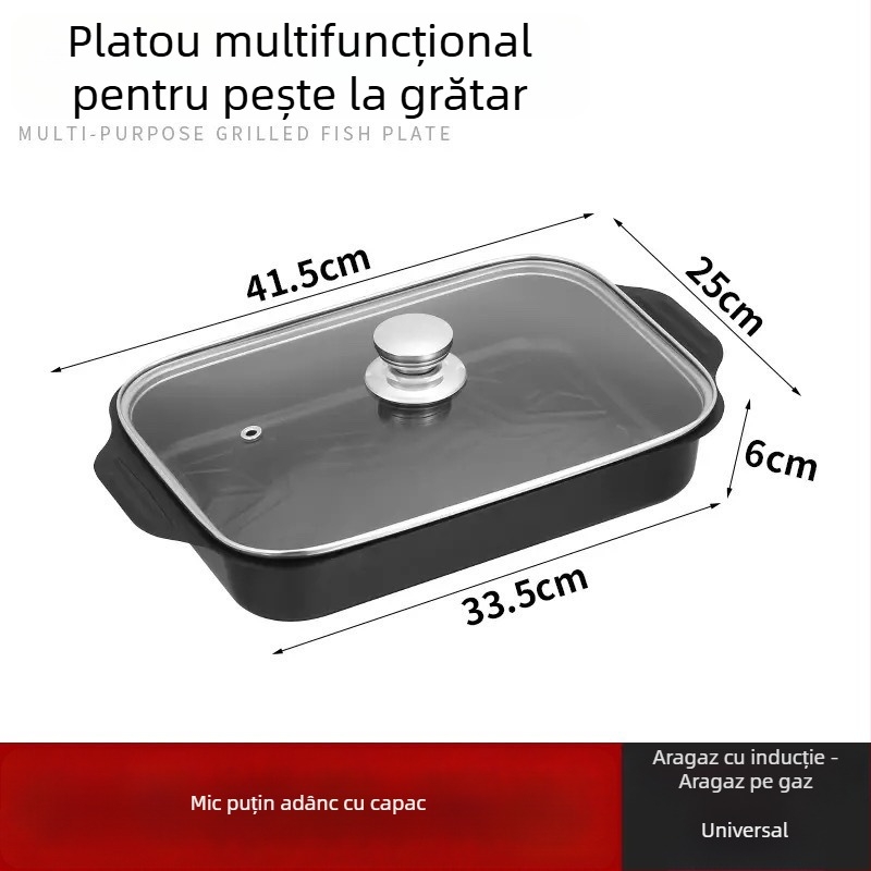 Tigaie-grătar dreptunghiular pentru pește, compatibilă cu plita cu inducție – oțel carbon, grătar exterior, calitate comercială