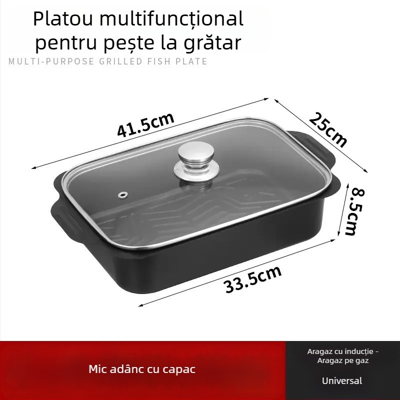 Tigaie-grătar dreptunghiular pentru pește, compatibilă cu plita cu inducție – oțel carbon, grătar exterior, calitate comercială