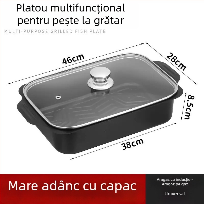 Tigaie-grătar dreptunghiular pentru pește, compatibilă cu plita cu inducție – oțel carbon, grătar exterior, calitate comercială