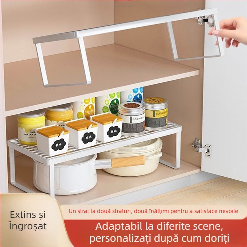 Raft de depozitare pentru bucătărie, pentru blat și dulap, cu mai multe niveluri, spațiu de depozitare pe straturi, suport pentru farfurii, organizator pentru condimente, suport pentru oale pe blat
