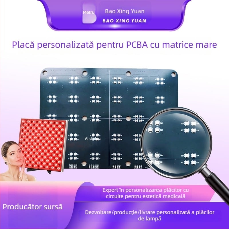 Placă driver personalizată pentru sursă de lumină a unui dispozitiv de înfrumusețare, cu lumină roșie, albastră și infraroșie; substrat din aluminiu cu conductivitate termică înaltă; soluție PCBA pentru lampă cu matrice mare
