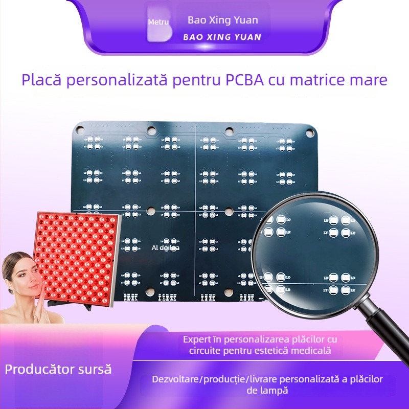 Placă driver personalizată pentru sursă de lumină a unui dispozitiv de înfrumusețare, cu lumină roșie, albastră și infraroșie; substrat din aluminiu cu conductivitate termică înaltă; soluție PCBA pentru lampă cu matrice mare
