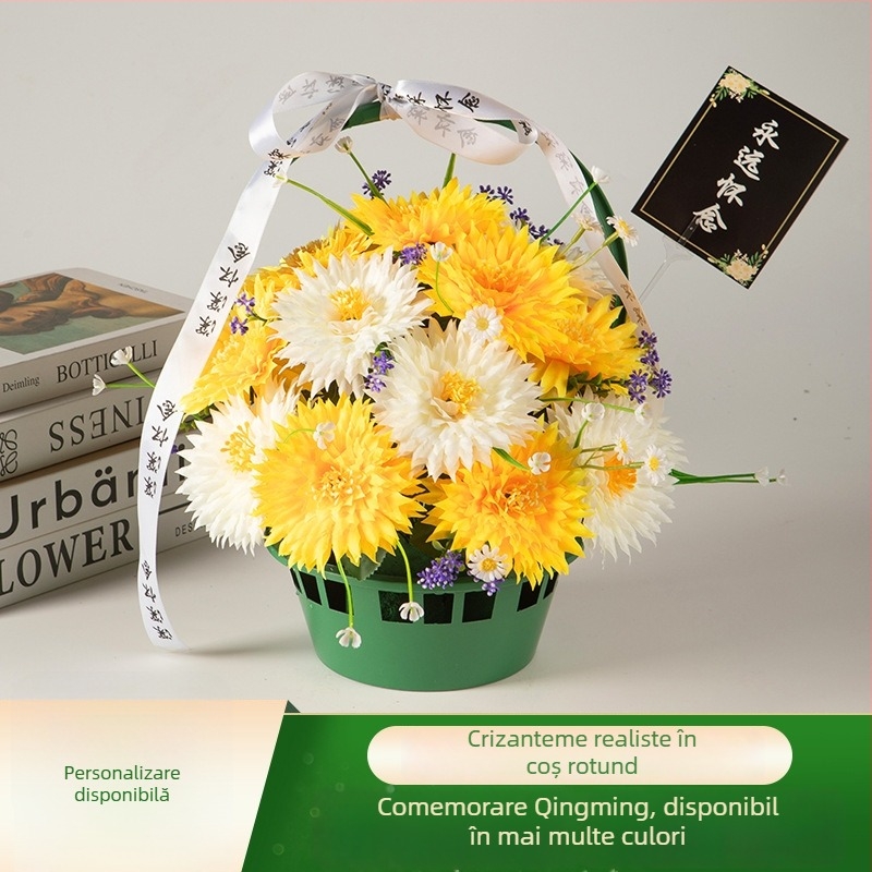 Buchet de crizanteme din mătase cu coș portabil pentru decorarea mormântului în timpul festivalului Qingming