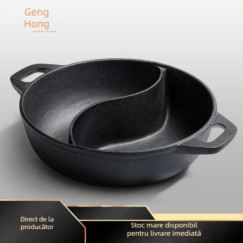 Tigaie din fontă, cu două mânere, pentru hot pot Mandarin Duck, de calitate alimentară, fără strat, antiaderent, pentru bucătărie zilnică