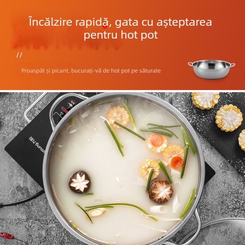 Oală de supă din oțel inoxidabil, îngroșată, cu fund plat, diametru mare, mâner dublu, capacitate 2,1–4 litri, compatibilă cu plita cu inducție