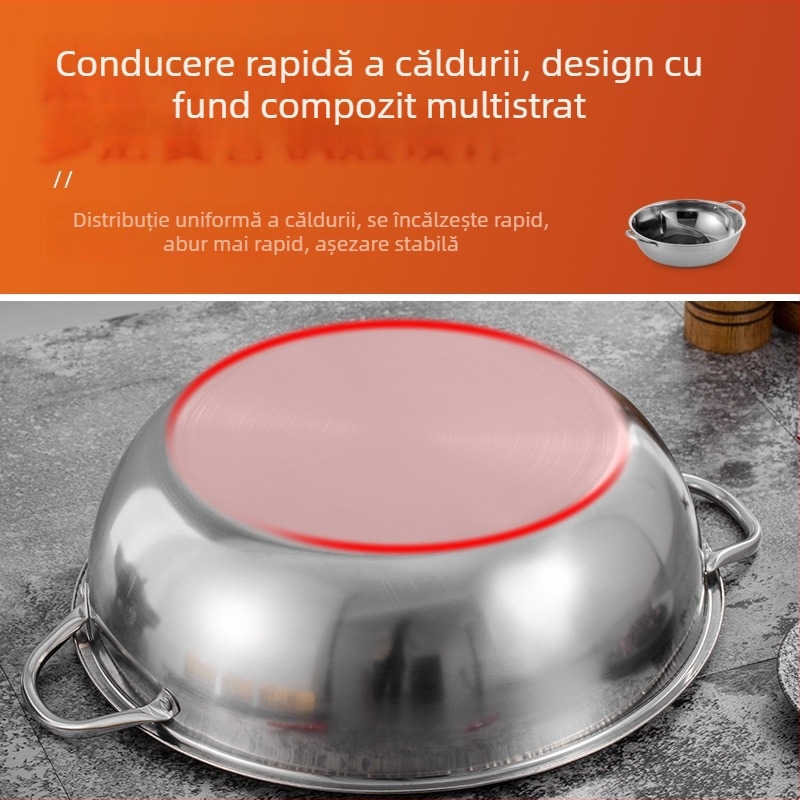 Oală de supă din oțel inoxidabil, îngroșată, cu fund plat, diametru mare, mâner dublu, capacitate 2,1–4 litri, compatibilă cu plita cu inducție