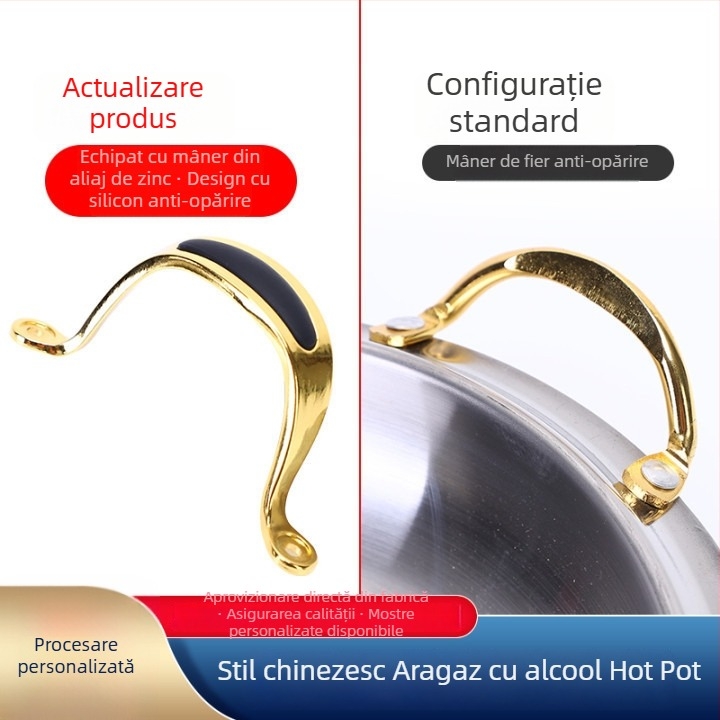 Oală dublu mânere pentru hot pot și supă, culoare aurie și argintie, oțel inoxidabil îngroșat, arzător din alcool solid reglabil, Apple Dry Pot