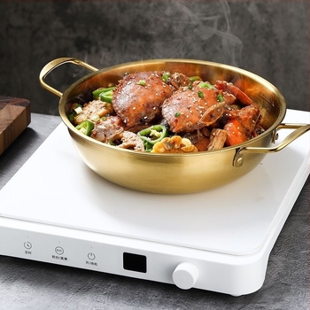 Oală din oțel inoxidabil, multifuncțională pentru hot pot cu fructe de mare, ramen și dry pot, capacitate 2,1–4 l, cu mâner dublu