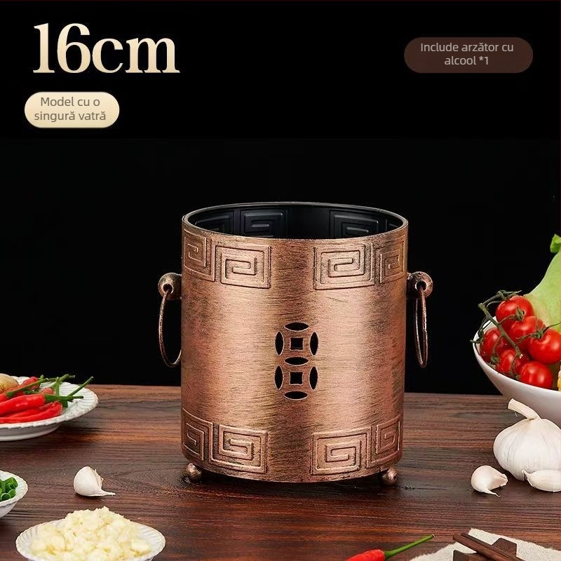Oală din oțel inoxidabil, adâncă, cu două utilizări, cu aragaz cu alcool — potrivită pentru hot pot, terci și tăiței