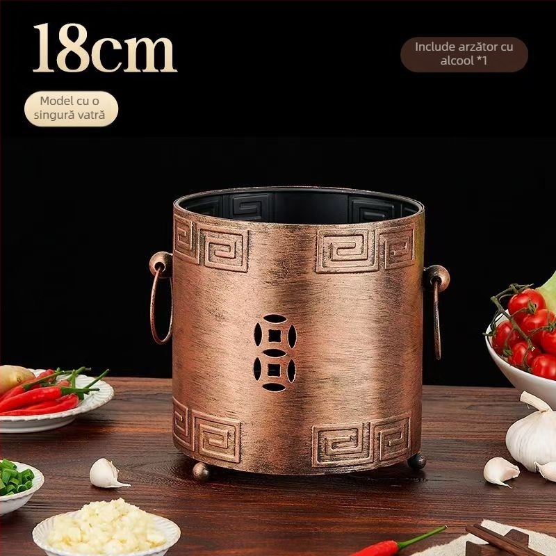 Oală din oțel inoxidabil, adâncă, cu două utilizări, cu aragaz cu alcool — potrivită pentru hot pot, terci și tăiței