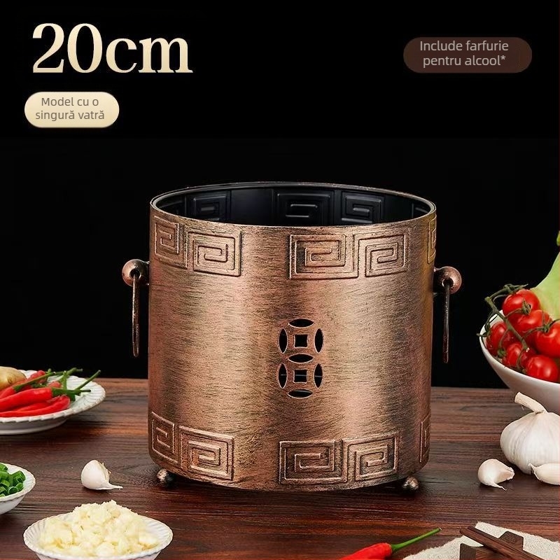 Oală din oțel inoxidabil, adâncă, cu două utilizări, cu aragaz cu alcool — potrivită pentru hot pot, terci și tăiței