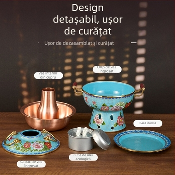 Oală de cupru emailată cloisonné pentru o singură persoană, încălzire cu alcool, capacitate 2,1–4 L