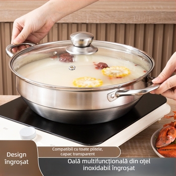 Set din oțel inoxidabil 304, cu fund gros, compatibil cu inducția; oală pentru supă, aburitor și tigaie pentru prăjit (4,1–6 L)