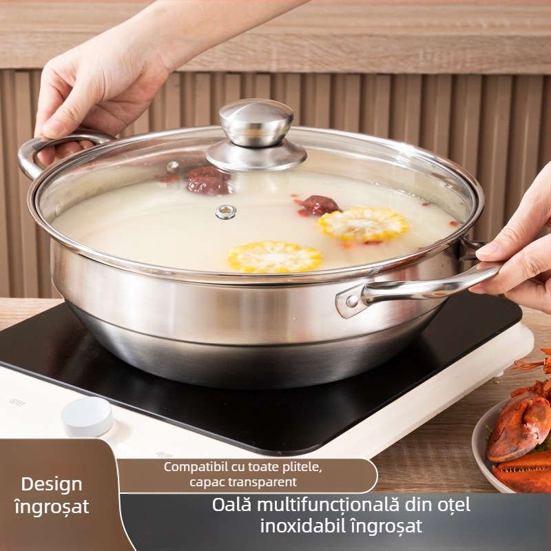 Set din oțel inoxidabil 304, cu fund gros, compatibil cu inducția; oală pentru supă, aburitor și tigaie pentru prăjit (4,1–6 L)