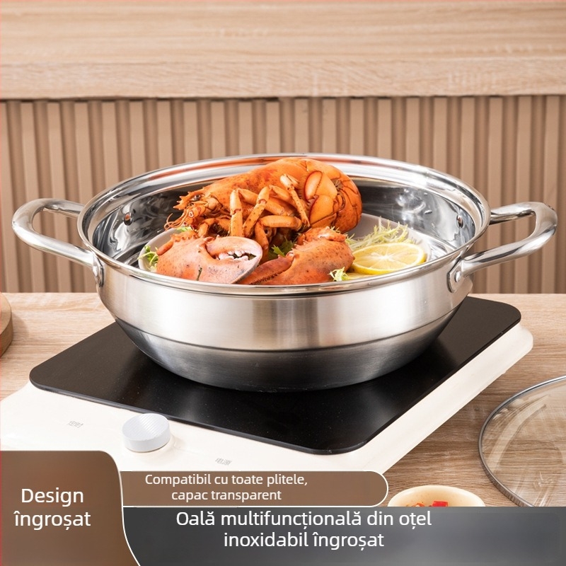 Set din oțel inoxidabil 304, cu fund gros, compatibil cu inducția; oală pentru supă, aburitor și tigaie pentru prăjit (4,1–6 L)