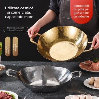 Oală de hot pot din oțel inoxidabil cu trei straturi, textură ciocănită de frunză de lotus la interior și la exterior, Yin-Yang pentru supă limpede