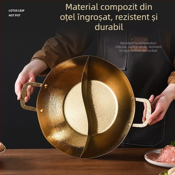Oală de hot pot din oțel inoxidabil cu trei straturi, textură ciocănită de frunză de lotus la interior și la exterior, Yin-Yang pentru supă limpede