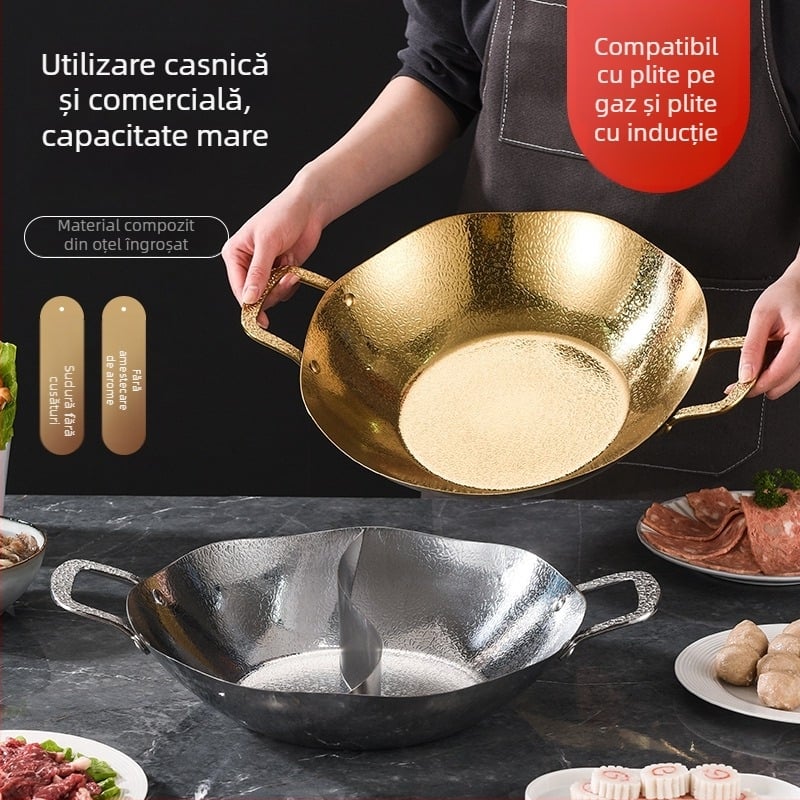 Oală de hot pot din oțel inoxidabil cu trei straturi, textură ciocănită de frunză de lotus la interior și la exterior, Yin-Yang pentru supă limpede