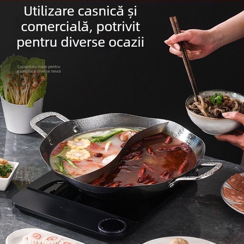 Oală de hot pot din oțel inoxidabil cu trei straturi, textură ciocănită de frunză de lotus la interior și la exterior, Yin-Yang pentru supă limpede