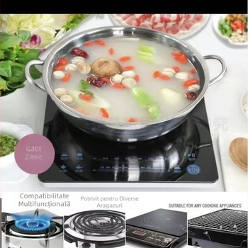 Oală de hot pot din oțel inoxidabil gros, pentru supă limpede, potrivită pentru dry pot/shabu-shabu, 2,1–4 L, diametru 24–38 cm, fără capac, material 201 inox.
