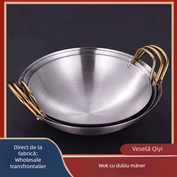Oțel inoxidabil, fund plat rotund, bază groasă, vas mic pentru gătit uscat cu mâneri duble, pentru uz casnic, potrivit pentru baruri și gătit pe plită cu alcool