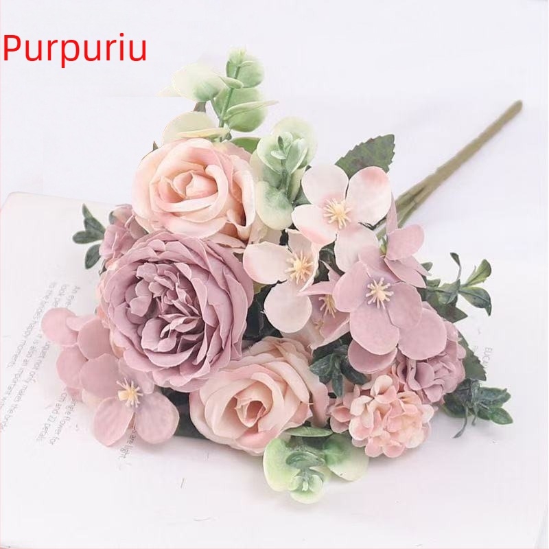 Buchet de flori artificiale din trandafiri, margaretă și crizanteme, lucrat manual, pentru decor de nuntă