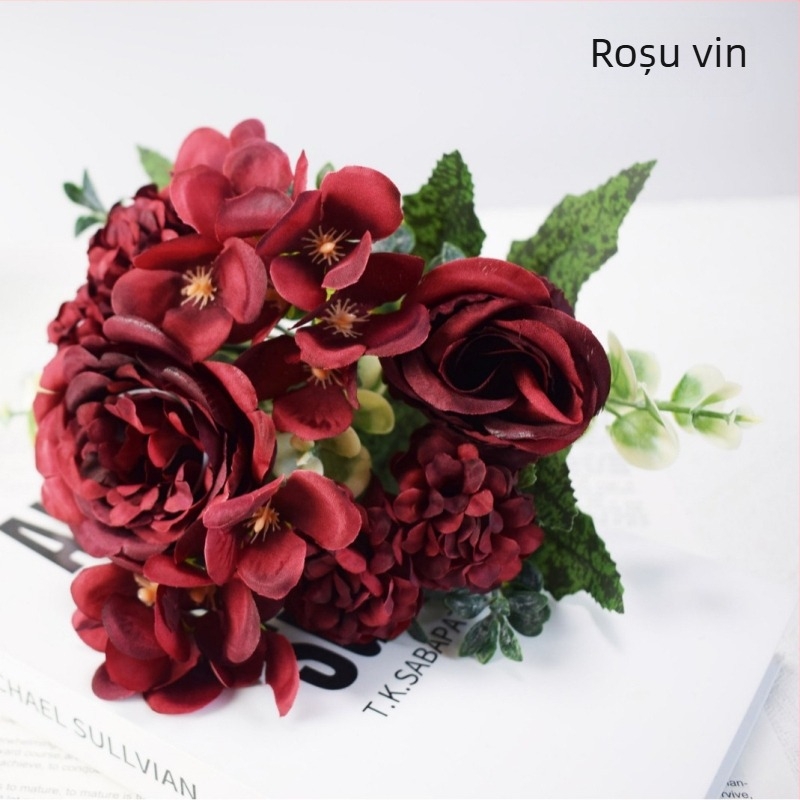 Buchet de flori artificiale din trandafiri, margaretă și crizanteme, lucrat manual, pentru decor de nuntă