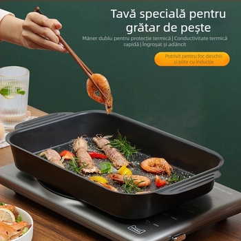 Tigaie adâncă antiaderentă pentru pește, capacitate mare, dreptunghiulară, compatibilă cu plita cu inducție, din oțel de carbon
