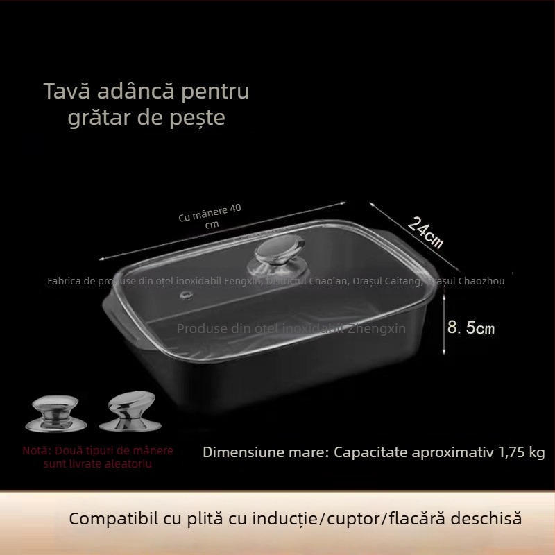 Tigaie adâncă antiaderentă pentru pește, capacitate mare, dreptunghiulară, compatibilă cu plita cu inducție, din oțel de carbon