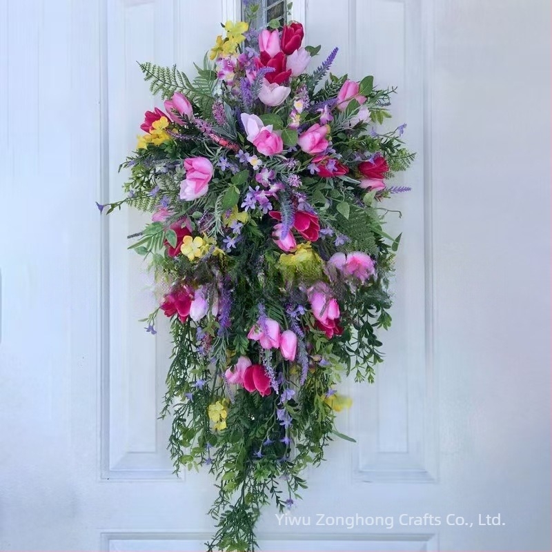 Coronă mov cu lalele, liliac, zambile și hortensie pentru decor de primăvară-vară