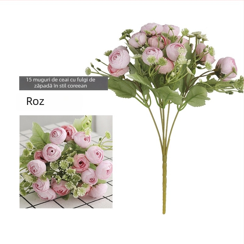 Buchet de flori de satin, 15 capete, muguri de trandafiri tea în stil coreean, trandafiri albi reali pentru ședințe foto de nuntă
