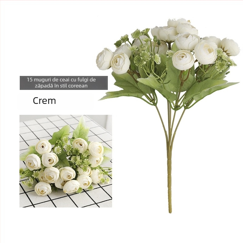 Buchet de flori de satin, 15 capete, muguri de trandafiri tea în stil coreean, trandafiri albi reali pentru ședințe foto de nuntă