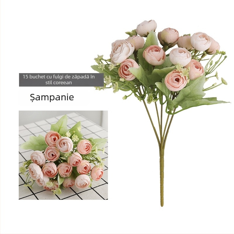 Buchet de flori de satin, 15 capete, muguri de trandafiri tea în stil coreean, trandafiri albi reali pentru ședințe foto de nuntă