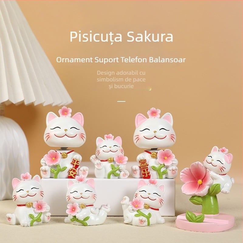 Pisică norocoasă cu capul înclinat, floare de cireș, ornament decorativ pentru sufragerie și birou