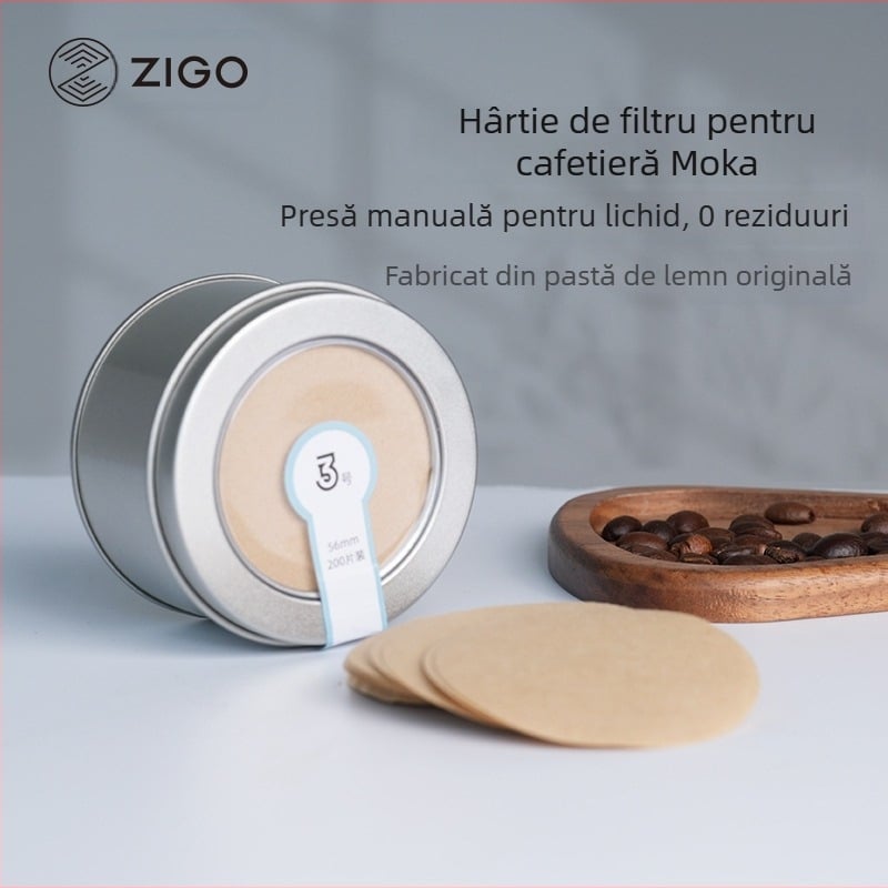 Hârtie de filtru cafea rotundă pentru moka pot, culoare naturală, în cutie metalică, 200 coli
