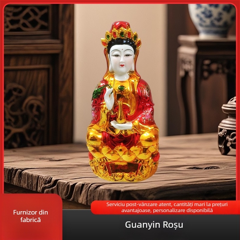 Statuie ceramică placată cu aur, roșie, Bodhisattva Guanyin, zeița bogăției și Avalokiteshvara, realizată manual, decor pentru casă – sufragerie
