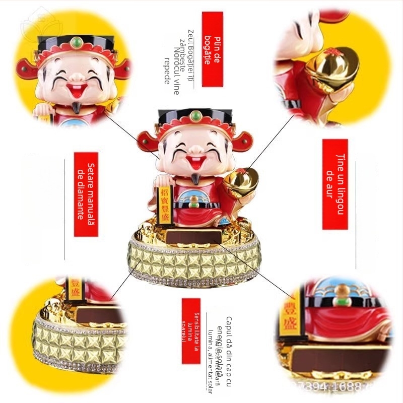 Figurină solară pentru bordul mașinii, Dumnezeu al Bogăției cu înclinare automată a capului, statuetă Buddha pentru decor interior