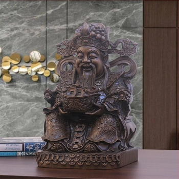 Figurină a Zeului Bogăției din rășină cu aspect de lemn de santal – stil Chinezesc, pentru altarul de acasă