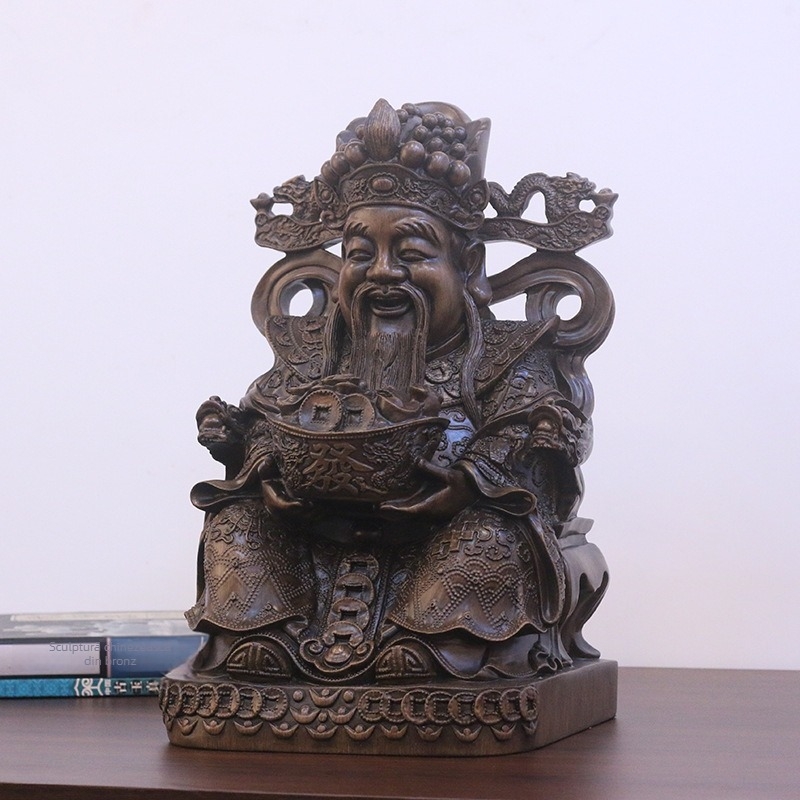 Figurină a Zeului Bogăției din rășină cu aspect de lemn de santal – stil Chinezesc, pentru altarul de acasă