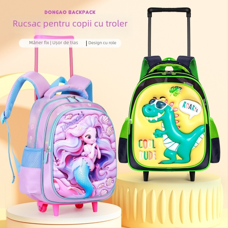 Rucsac cu roți pentru grădiniță, dinozaur 3D, capacitate mare, ușor