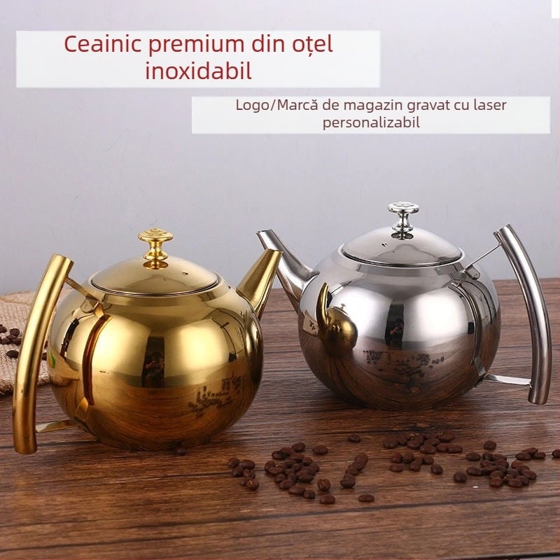 Ceainic din oțel inoxidabil, gros, finisaj auriu, destinat restaurantelor și hotelurilor, cu strecurător.