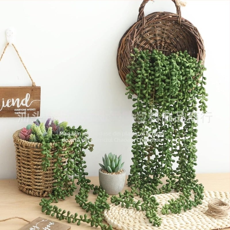 Plantă verde din plastic, cu liană, perle artificiale și flori artificiale, decor pentru casă.
