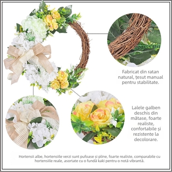Coroană de 40 cm din ratan pentru ușă sau fereastră, decor artificial de Crăciun și Paște