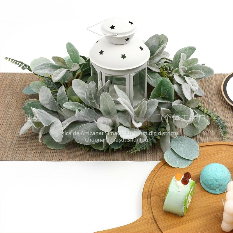 Decor de perete din ratan cu plante artificiale, frunze de eucalipt, frunze de plantă de bani și liane decorative