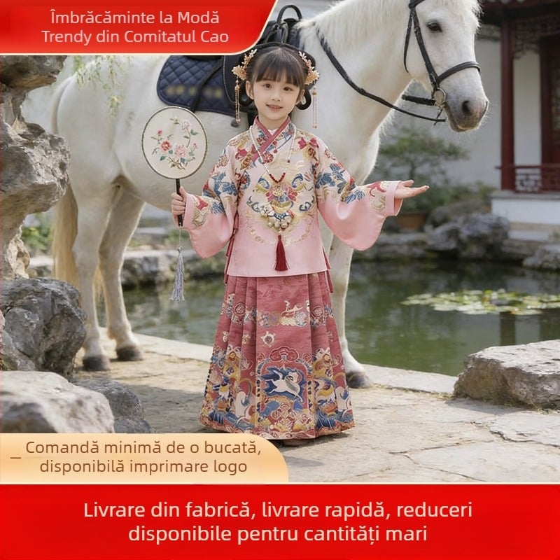 Fustă Hanfu în stil Ming pentru copii, cu design cu față de cal, pentru fete, purtare zilnică, toate sezoanele