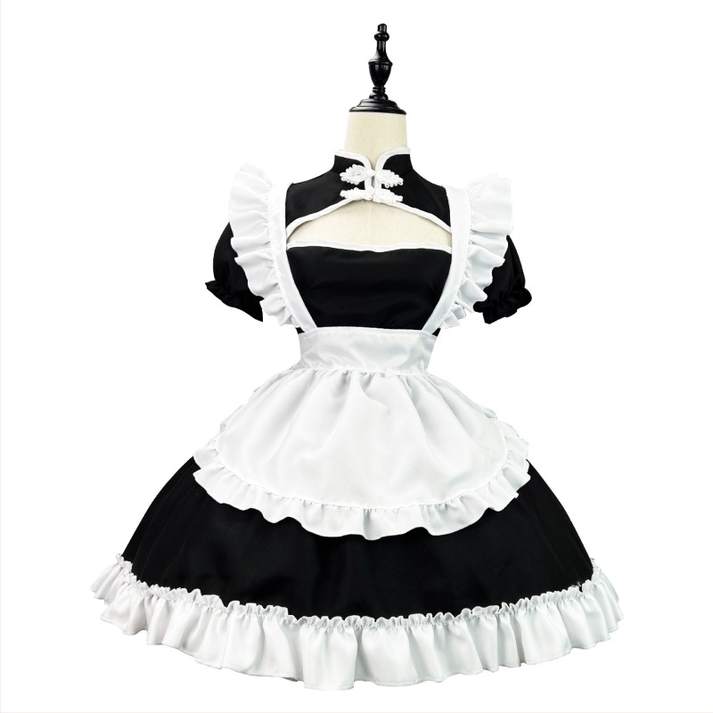 Costum de maid în stil chinezesc alb-negru, cosplay, mărime mare