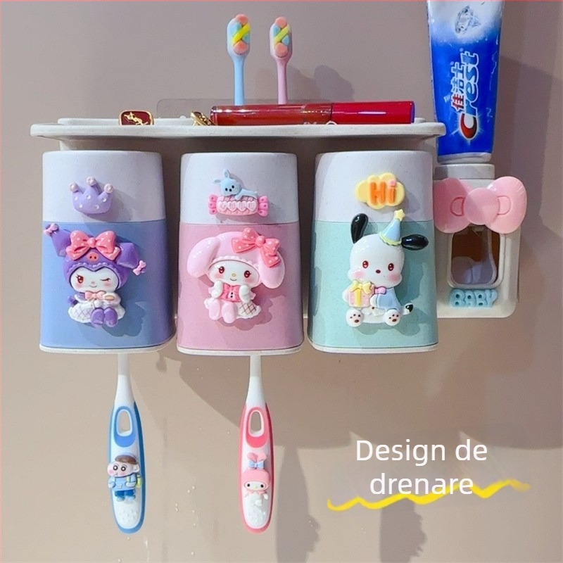 Set de perete pentru periute cu ventuză, cană de clătire și spațiu de depozitare pentru copii