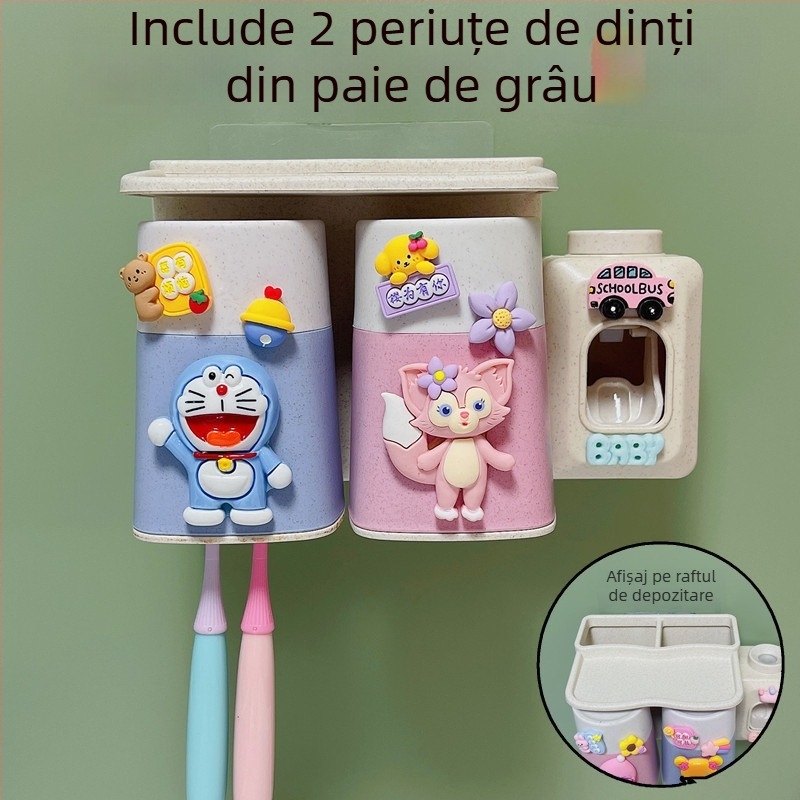 Set de perete pentru periute cu ventuză, cană de clătire și spațiu de depozitare pentru copii